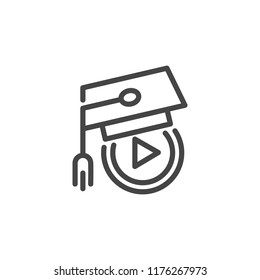 E-learning linear icon. Graduation cap and play button outline logo. Distance education concept symbol. Online webinars, lectures, courses label. Vector illustraion isolated