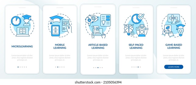 Elearning methods blue onboarding mobile app screen. Digital education walkthrough 5 steps graphic instructions pages with linear concepts. UI, UX, GUI template. Myriad Pro-Bold, Regular fonts used