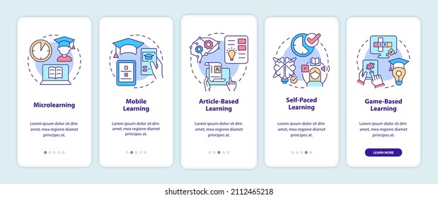 Elearning methods onboarding mobile app screen. Digital education walkthrough 5 steps graphic instructions pages with linear concepts. UI, UX, GUI template. Myriad Pro-Bold, Regular fonts used