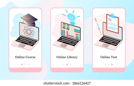 E-learning mobile app onboarding screens. Online Course, Online Library and Online Test. Menu vector banner template for website and mobile development. Web site design 3D isometric flat illustration.