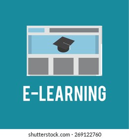 E-learning, mortarboard  and blue  web page over  color background