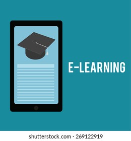 E-learning, mortarboard  and cell phone over  color background