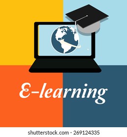 E-learning, mortarboard text and laptop over  color background