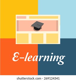 E-learning, mortarboard  and web page over  color background