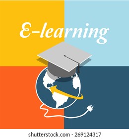 E-learning, mortarboard and world  over  color background