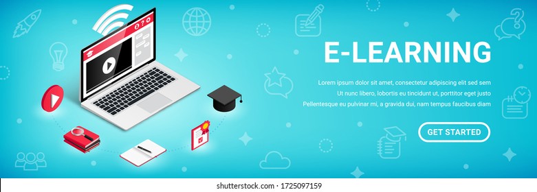 E-learning narrow banner, education process isometric concept. 3d symbol of video lesson, research of material, practice, exam. Learn design, online training courses and school vector illustration