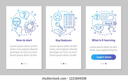 E-learning onboarding mobile app page screen with linear concepts. Education walkthrough steps graphic instructions. Online learning. Interactive training. UX, UI vector template with illustrations