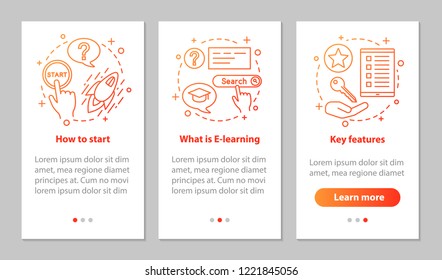 E-learning onboarding mobile app page screen with linear concepts. Education walkthrough steps graphic instructions. Online learning. Interactive training. UX, UI vector template with illustrations