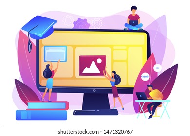 E-learning, online classes and webinars. Remote IT studying. Web development courses, web development programming, top online coding courses concept. Bright vibrant violet vector isolated illustration