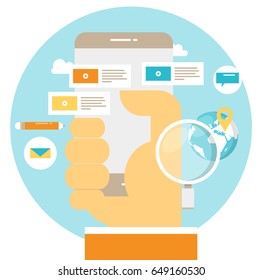 E-learning, online communication, messaging flat vector illustration design. Distance education, trainings, courses, video tutorials, chatting design for mobile and web graphics