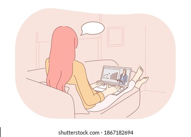 E-learning, Online communication, video call concept. Young woman cartoon character sitting at home with laptop and watching online lesson on marketing or communicating with colleague 