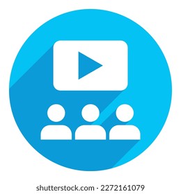 e-learning o concepto de conferencia en línea. icono plano. diseño de sombra larga. fondo azul.