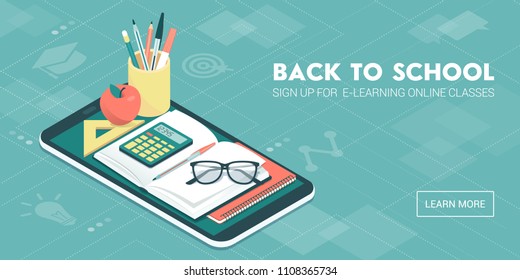 E-learning and online courses app with icons, books and tools, education and back to school concept