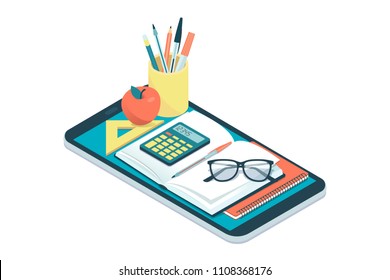 E-learning and online courses app with icons, books and tools, education and back to school concept