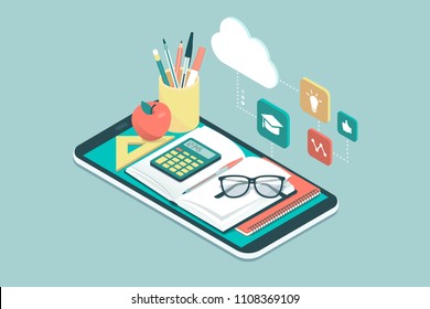 E-learning and online courses app with icons, books and tools, education and back to school concept