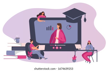 E-Learning and Online Courses. Freelancers Working With Laptop,Computer.Online Courses and Watching Webinar.Online Education Concept.Students with Laptops.Seminar Learning.Flat Vector illustration