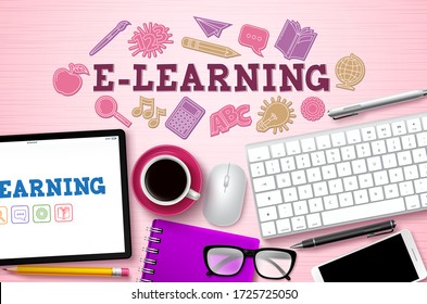 E-learning online courses vector background. E-learning text for woman with computer elements and school items in pink desk for online home distance courses. Vector illustration.
