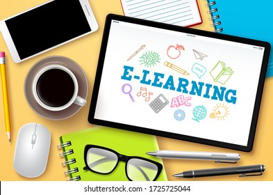 E-learning online courses vector template. E-learning text in tablet's white screen with school elements for digital studying through global online school. Vector illustration.
