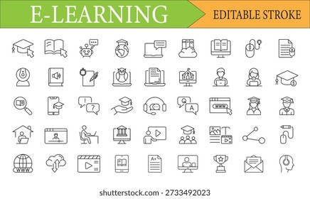 E-learning and Online Digital Education Line Icon Set with Editable Stroke
