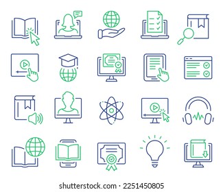 E-learning, Online and Distance Education Line Icon. Online Training, Webinar, Education, Course, Elearning, Conference, Exam. Online Education Line Icons Set. Editable Stroke. Vector illustration.