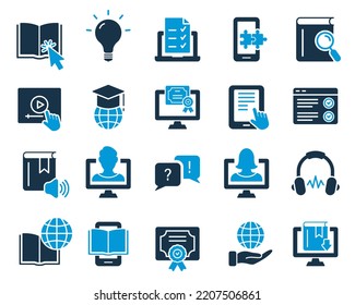 E-learning, Online and Distance Education Silhouette Icon. Online Training, Webinar, Education, Course, Elearning, Conference, Exam. Online Education Icons Set. Vector Isolated Illustration.