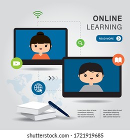 E-Learning Online Education Application on phone, mobile, website. With blank book cover white paper on background. Vector illustration.