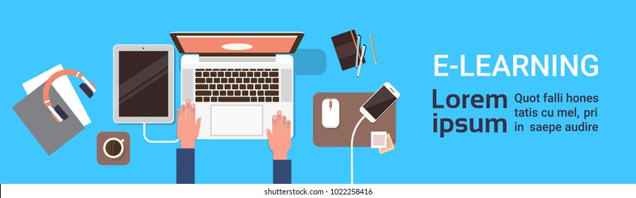 Elearning Online Education Banner With Student Hand Working On Laptop Computer Top View Horizontal Banner With Copy Space Flat Vector Illustration