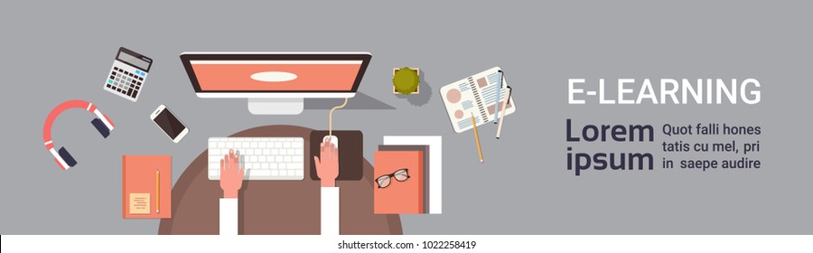 Elearning Online Education Banner With Student Hand Working On Computer Workplace Top View Horizontal Banner With Copy Space Flat Vector Illustration