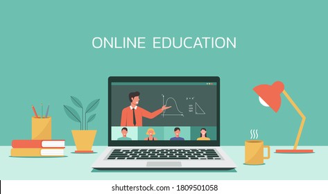 E-learning, Online Education, Online Class Concept, Home School, Man Teacher Teaching Students On Laptop Screen, Distance Learning, New Normal, Flat Vector Illustration