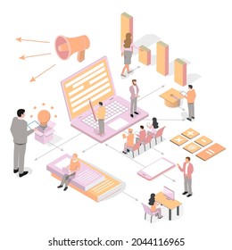 E-learning, online education concept 3d isometric. e-learning technology, graphic of realistic computer notebook with book's pages as screen Internet studying, online training, online book, tutorial