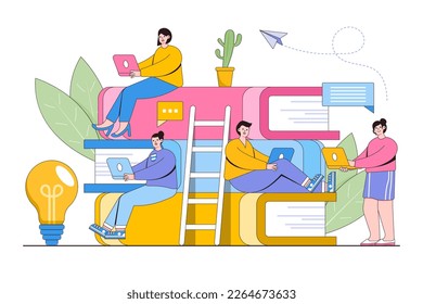E-learning, online education concept with books and people character. Outline design style minimal vector illustration for landing page, web banner, infographics, hero images.