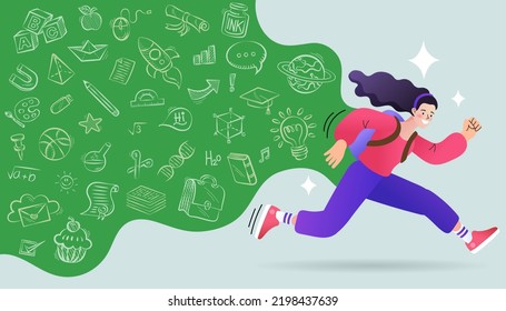 E-learning. Online education concept. Cartoon children playing. Welcome back to school. Cute school kids. education doodle icon symbols on green background. Flat design pattern with child.