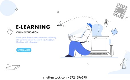 E-learning, online education concept with character. Online at Home. Man, books and laptop on desk. Can use for web banner, infographic. Flat isometric vector illustration isolated on white background