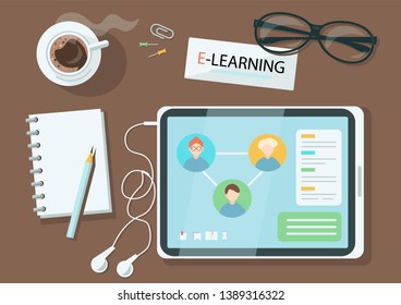 E-learning, online education concept. Distance internet studying, business training, webinar with tablet. Vector illustration.