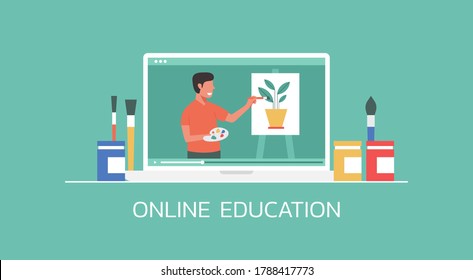 e-learning and online education concept, distance learning, professor connecting online art lesson via video website platform on laptop computer, flat vector illustration