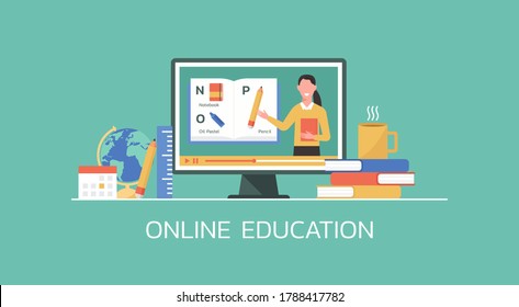 e-learning and online education concept, distance learning, female teacher doing online English course on computer, flat vector illustration