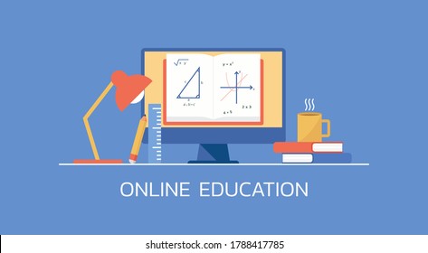 e-learning y concepto de educación en línea, aprendizaje de matemáticas a distancia en computación, ilustración vectorial plana