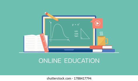 e-learning and online education concept, distance mathematics learning on laptop, flat vector illustration