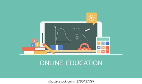 E-learning And Online Education Concept, Distance Math Learning Lesson On Website Platform On Smartphone, Flat Vector Illustration