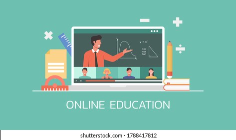 e-learning and online education concept, distance learning, male teacher teaching students via video call on laptop computer, flat vector illustration