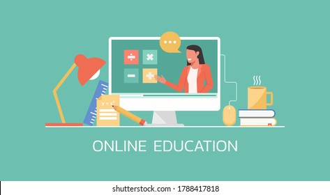 e-learning and online education concept, distance learning, female teacher connecting online math lesson via video website platform on computer, flat vector illustration