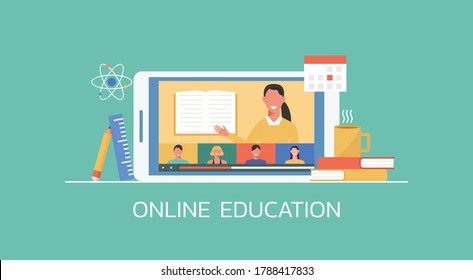 e-learning and online education concept, distance learning, female teacher teaching students via video call on smartphone, flat vector illustration