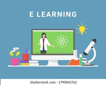 e-learning and online education concept, distance learning, professor connecting online science lesson via video call on computer, flat vector illustration
