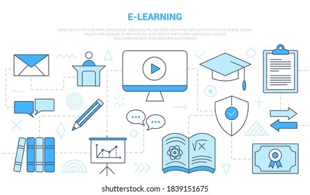 e-learning online education concept with icon line style set template banner with modern blue color