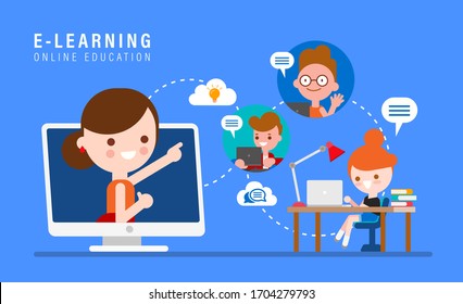 E-learning Online Education Concept Illustration. Online Teacher On Computer Monitor. Kids Studying At Home Via Internet. Vector Cartoon In Flat Design Style.