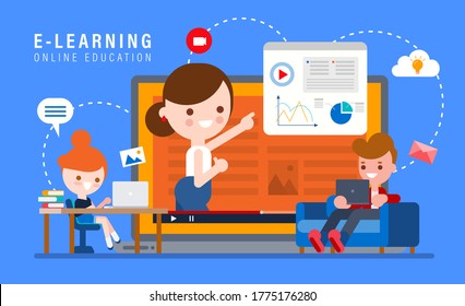 E-learning online education concept illustration. Online teacher on computer monitor. People studying at home via internet. vector cartoon in flat design style.