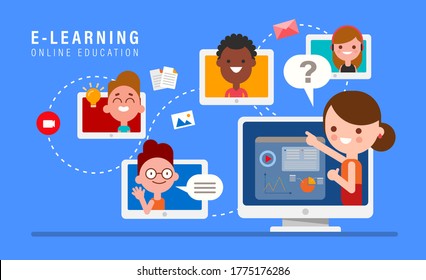 E-learning Online Education Concept Illustration. Online Teacher On Computer Monitor. Kids Studying At Home Via Internet. Vector Cartoon In Flat Design Style.