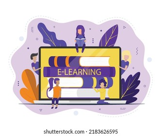 E-learning Online Education Concept Illustration. Group Of Children With Learning Activities. Kids Studying At Home Via Internet. Vector Cartoon In Flat Design Style.