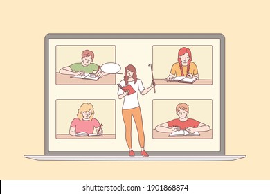 Elearning and online education concept. Laptop screen with young woman teacher and sitting and learning lesson pupils listening to lesson course online vector illustration