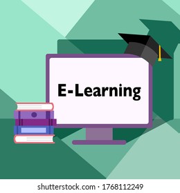 E-learning or online education concept vector illustration. Online training course. Computer and stack of books in flat design.